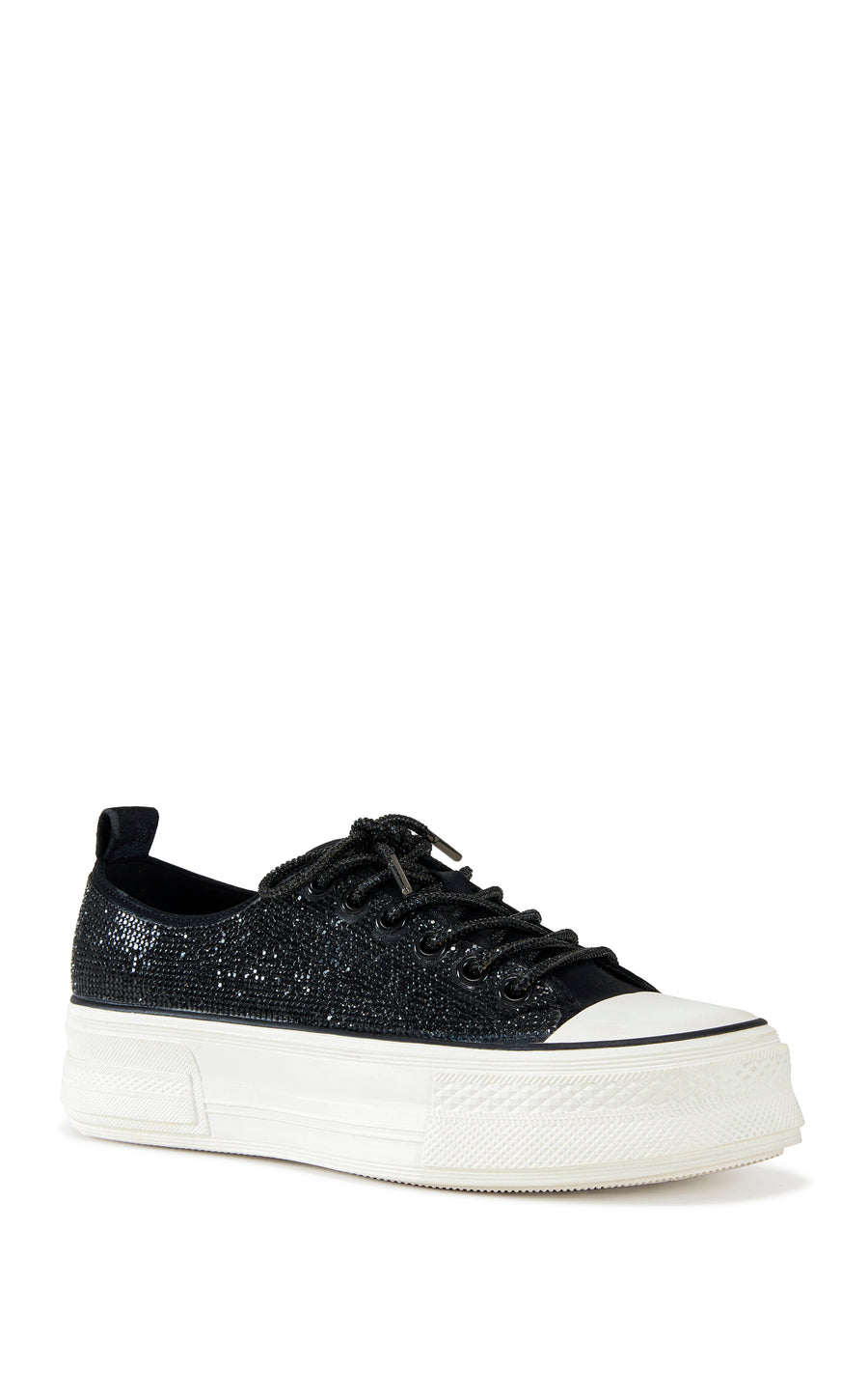 black lace up sneaker with a white sole and sparkly glitter embellishments on the upper
