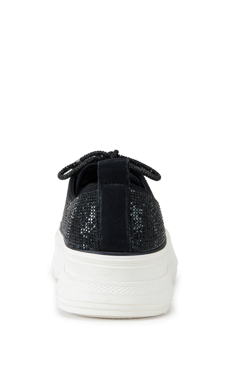 black lace up sneaker with a white sole and sparkly glitter embellishments on the upper