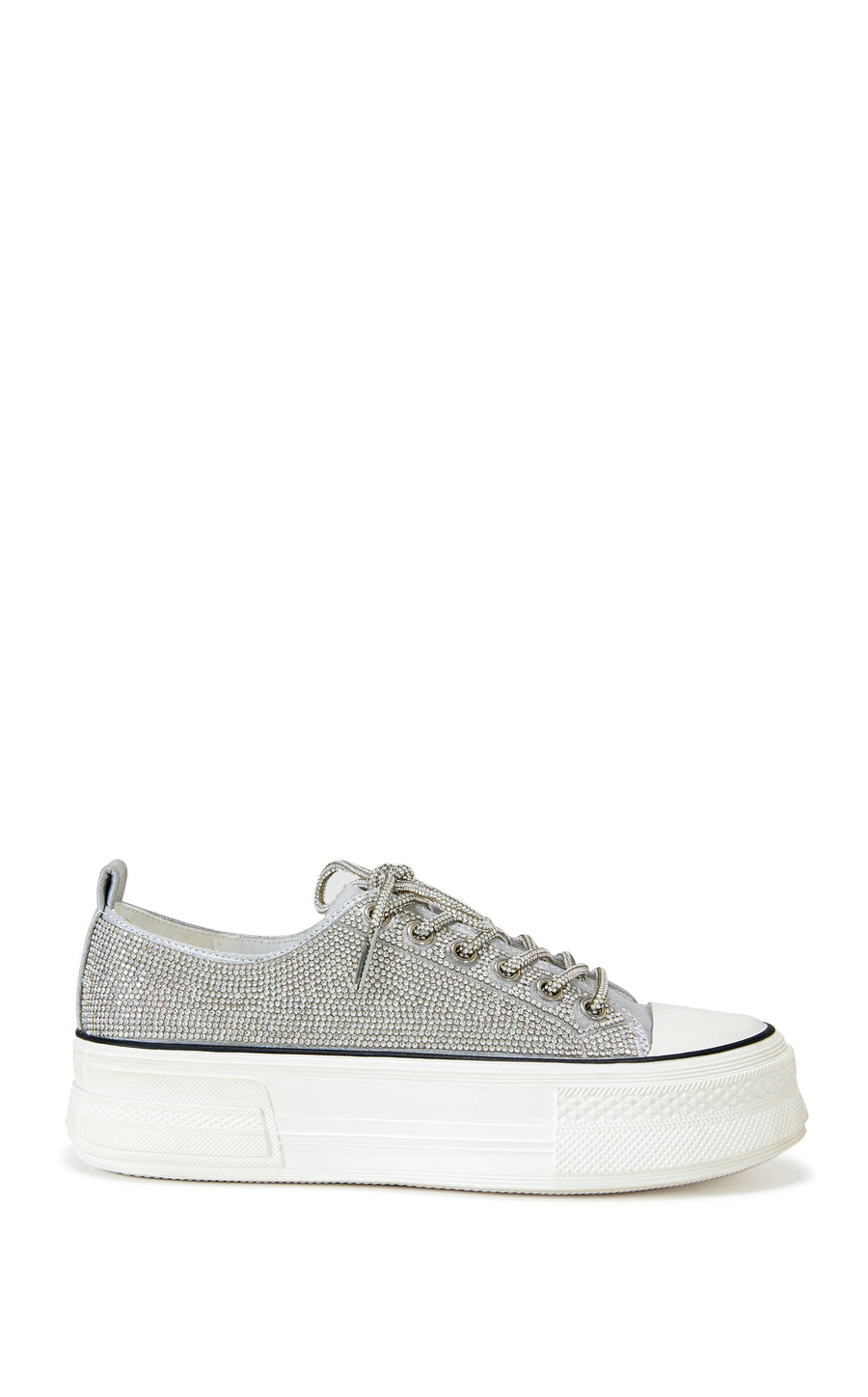 silver lace up sneaker with a white sole and sparkly glitter embellishments on the upper
