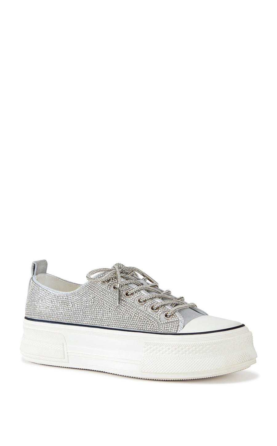 silver lace up sneaker with a white sole and sparkly glitter embellishments on the upper