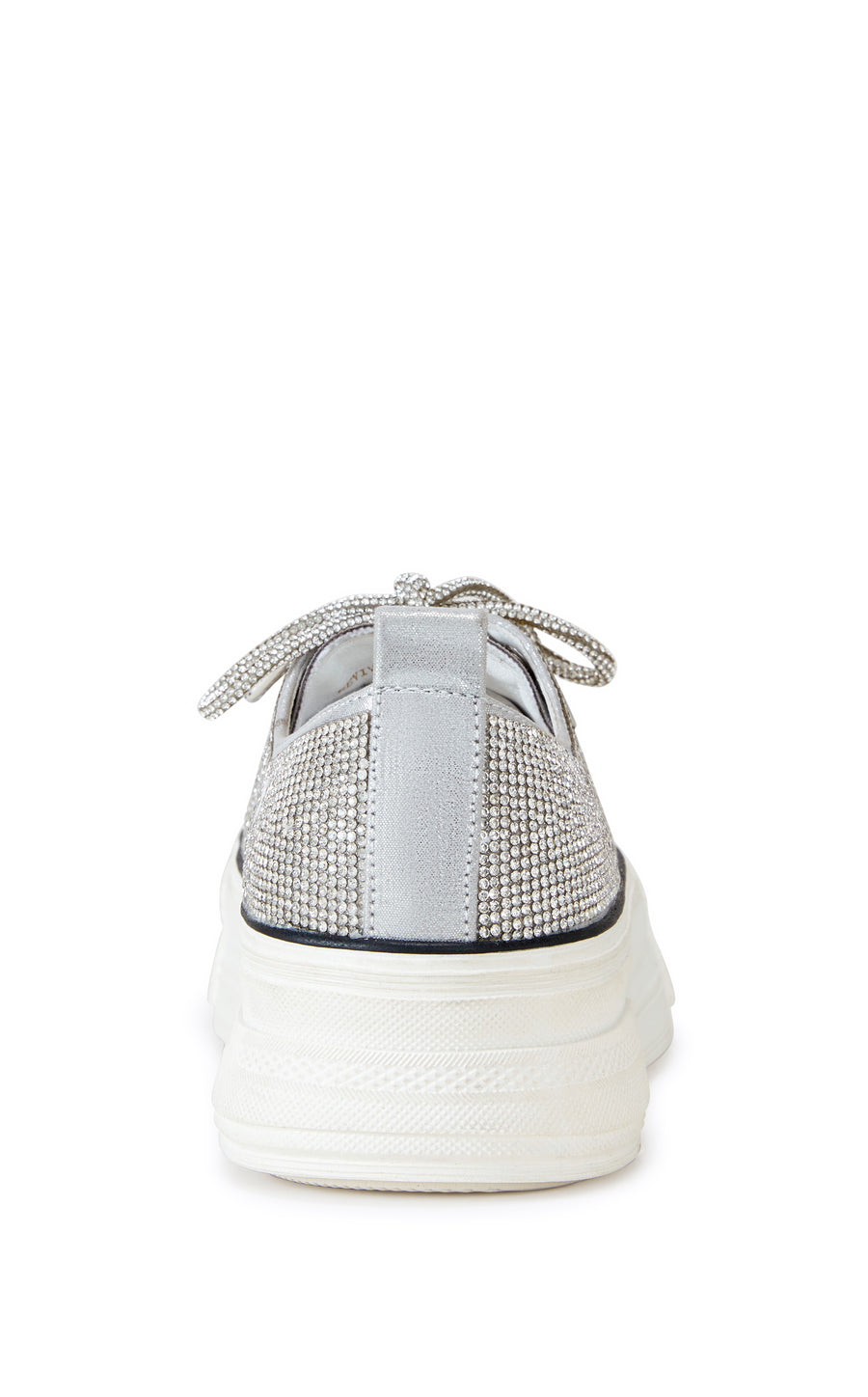 silver lace up sneaker with a white sole and sparkly glitter embellishments on the upper
