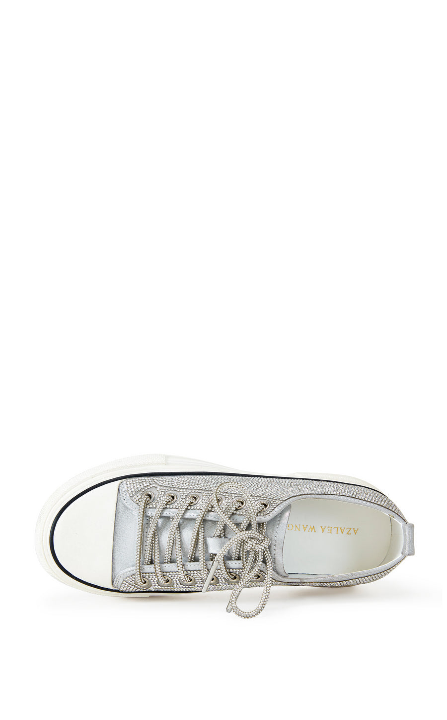 silver lace up sneaker with a white sole and sparkly glitter embellishments on the upper