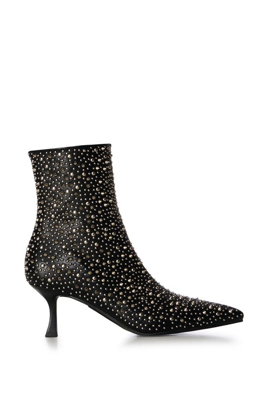 black faux leather statement booties with a subtle stiletto heel and a pointed toe silhouette, embellished with silver pointed studs on the upper