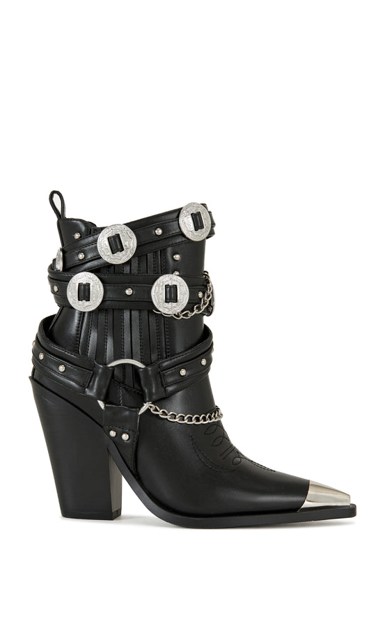 black faux leather statement western heeled bootie with silver buckle and chain accents