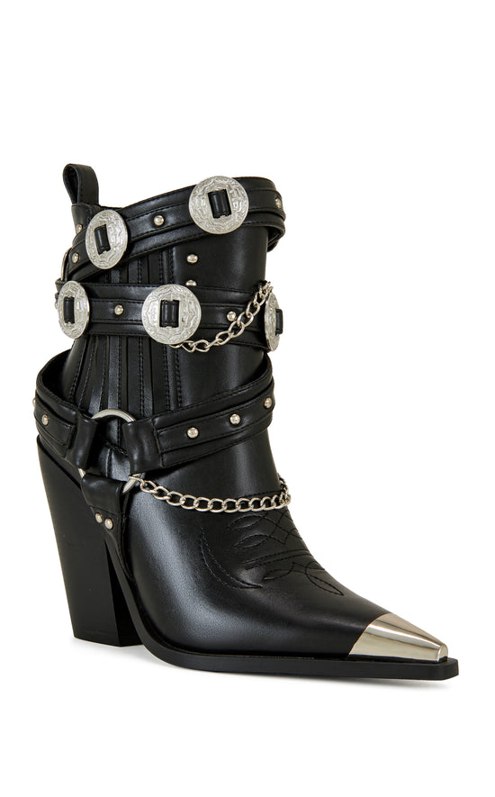 black faux leather statement western heeled bootie with silver buckle and chain accents
