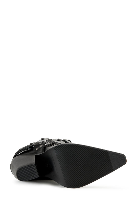 black faux leather statement western heeled bootie with silver buckle and chain accents