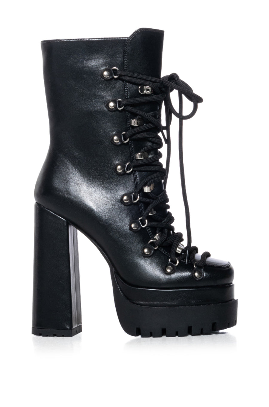 Black faux leather ultra platform lace up booties