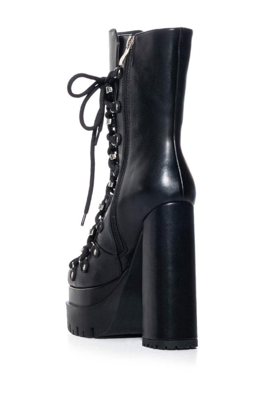 Black faux leather ultra platform lace up booties