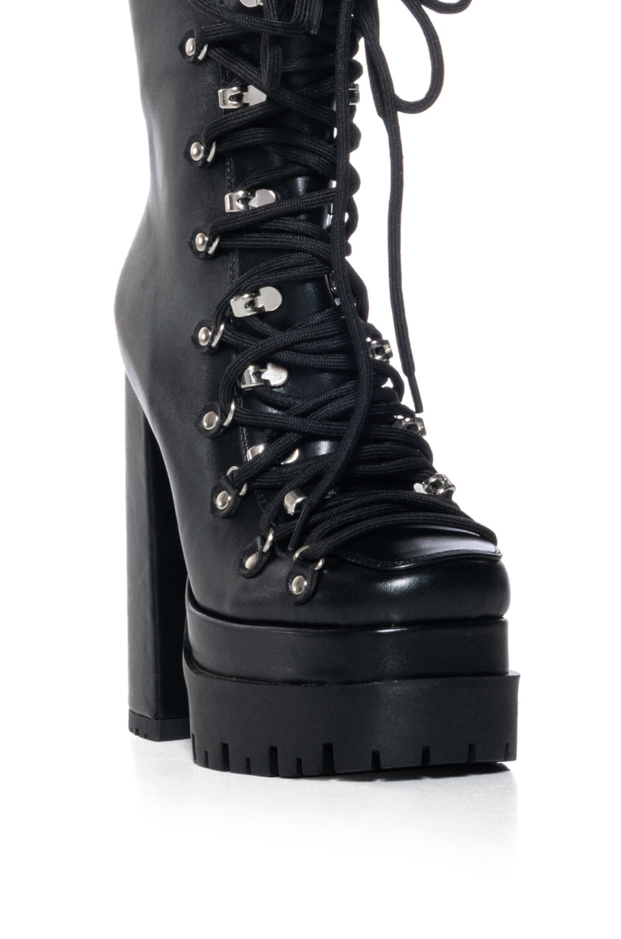 Black faux leather ultra platform lace up booties