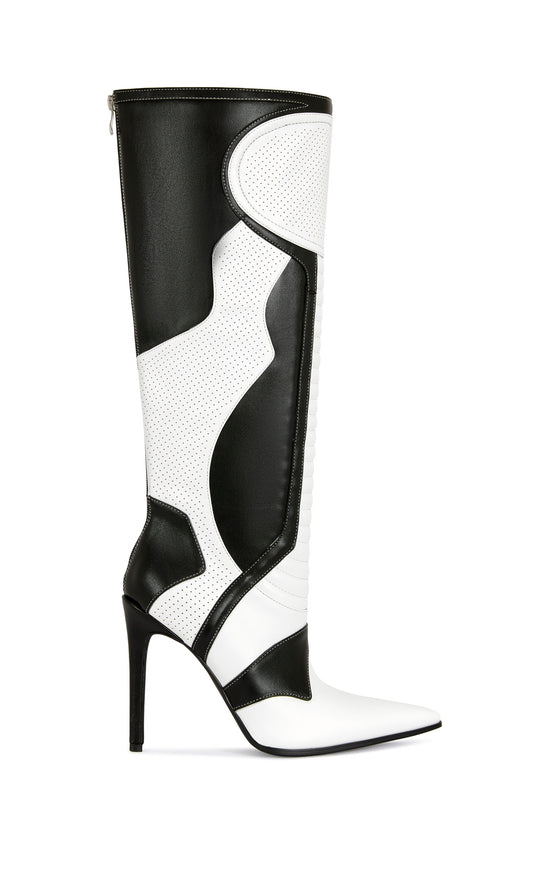 black and white faux leather sporty statement knee high boot with a stiletto heel and a pointed toe silhouette