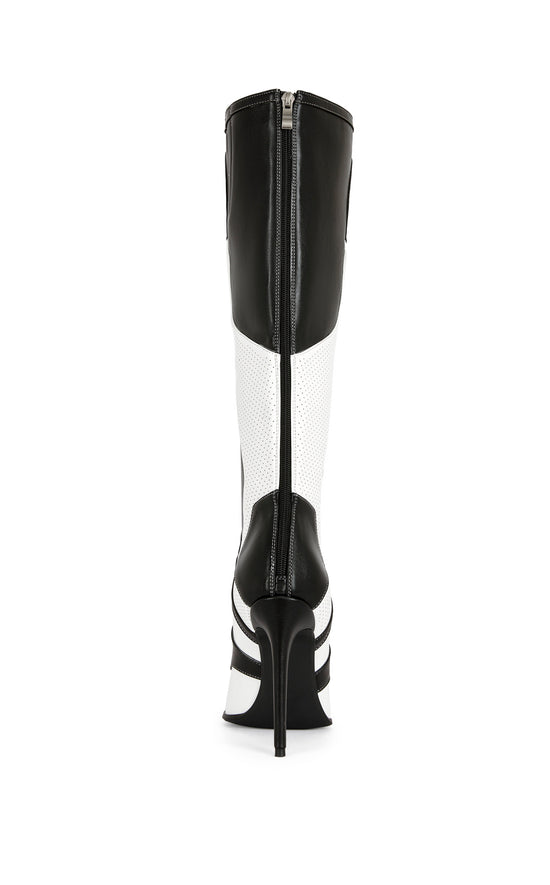black and white faux leather sporty statement knee high boot with a stiletto heel and a pointed toe silhouette