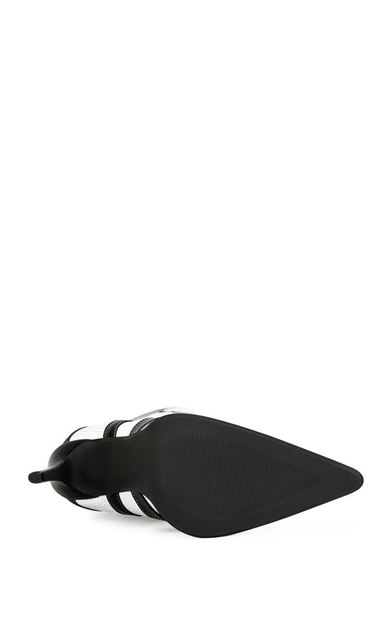 black and white faux leather sporty statement knee high boot with a stiletto heel and a pointed toe silhouette