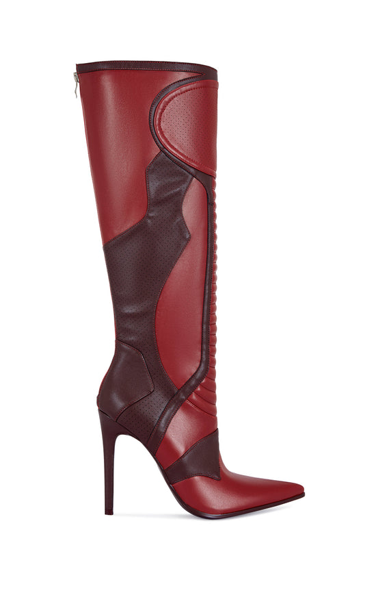 red and maroon faux leather sporty statement knee high boot with a stiletto heel and a pointed toe silhouette