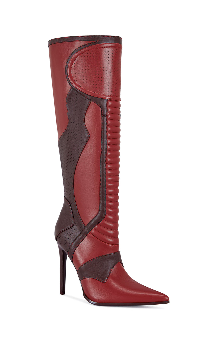 red and maroon faux leather sporty statement knee high boot with a stiletto heel and a pointed toe silhouette