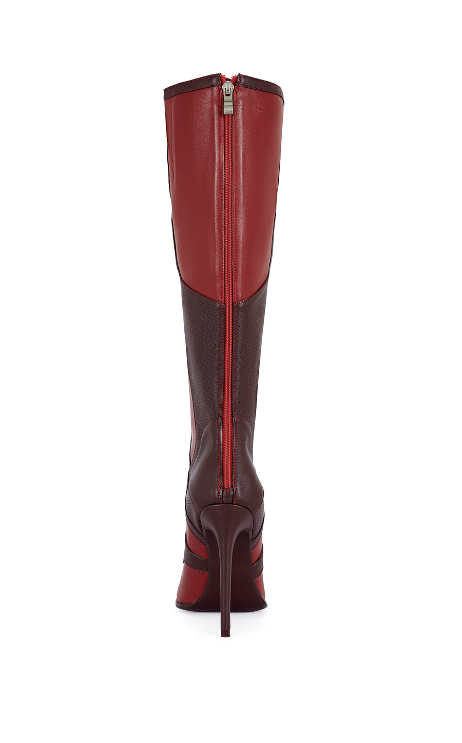 red and maroon faux leather sporty statement knee high boot with a stiletto heel and a pointed toe silhouette