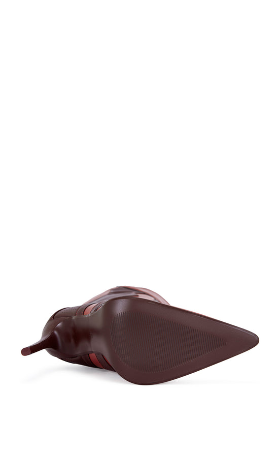 red and maroon faux leather sporty statement knee high boot with a stiletto heel and a pointed toe silhouette