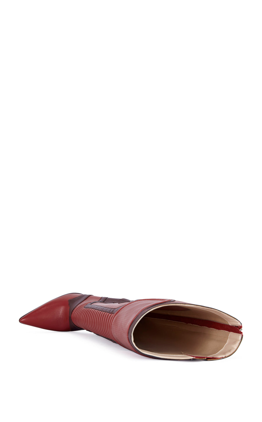 red and maroon faux leather sporty statement knee high boot with a stiletto heel and a pointed toe silhouette