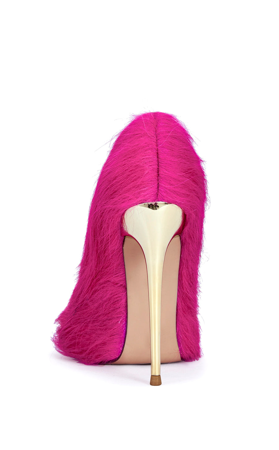 hot pink faux fur statement pump with a gold hardware stiletto heel and a pointed toe silhouette
