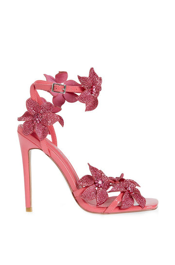 pink open toe square cut stiletto heels with rhinestone embellished flowers on straps