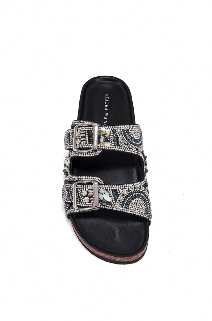 black open toe flat sandal with beaded and embellished double straps