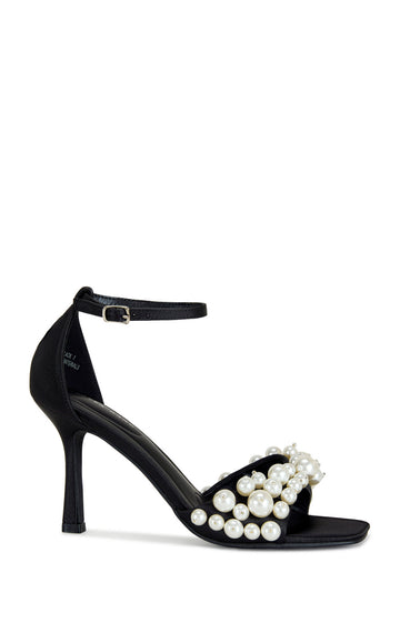 black satin open toe stiletto heels with an adjustable ankle strap and a faux pearl embellished foot strap