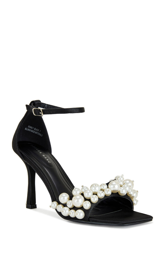 black satin open toe stiletto heels with an adjustable ankle strap and a faux pearl embellished foot strap