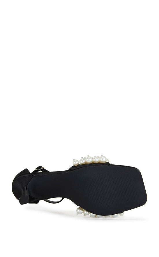 black satin open toe stiletto heels with an adjustable ankle strap and a faux pearl embellished foot strap