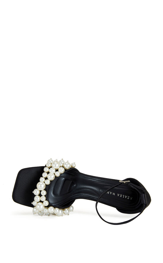 black satin open toe stiletto heels with an adjustable ankle strap and a faux pearl embellished foot strap