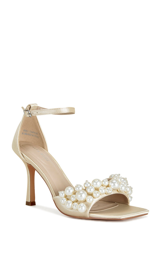 Cream satin open toe stiletto heels with an adjustable ankle strap and a faux pearl embellished foot strap
