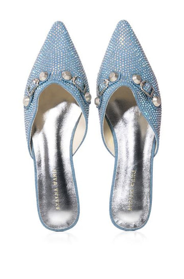 Pointed toe denim flats with rhinestone studded detail