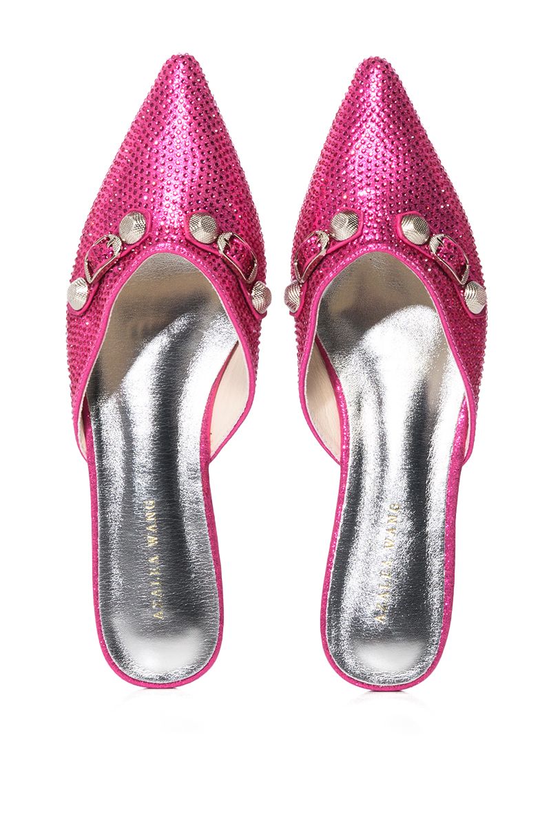 Pointed toe hot pink flats with rhinestone studded detail