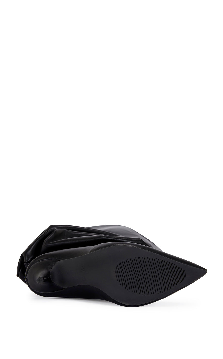 black faux leather statement knee high boot with a scrunched shaft, a stiletto heel, and an oversized shaft opening