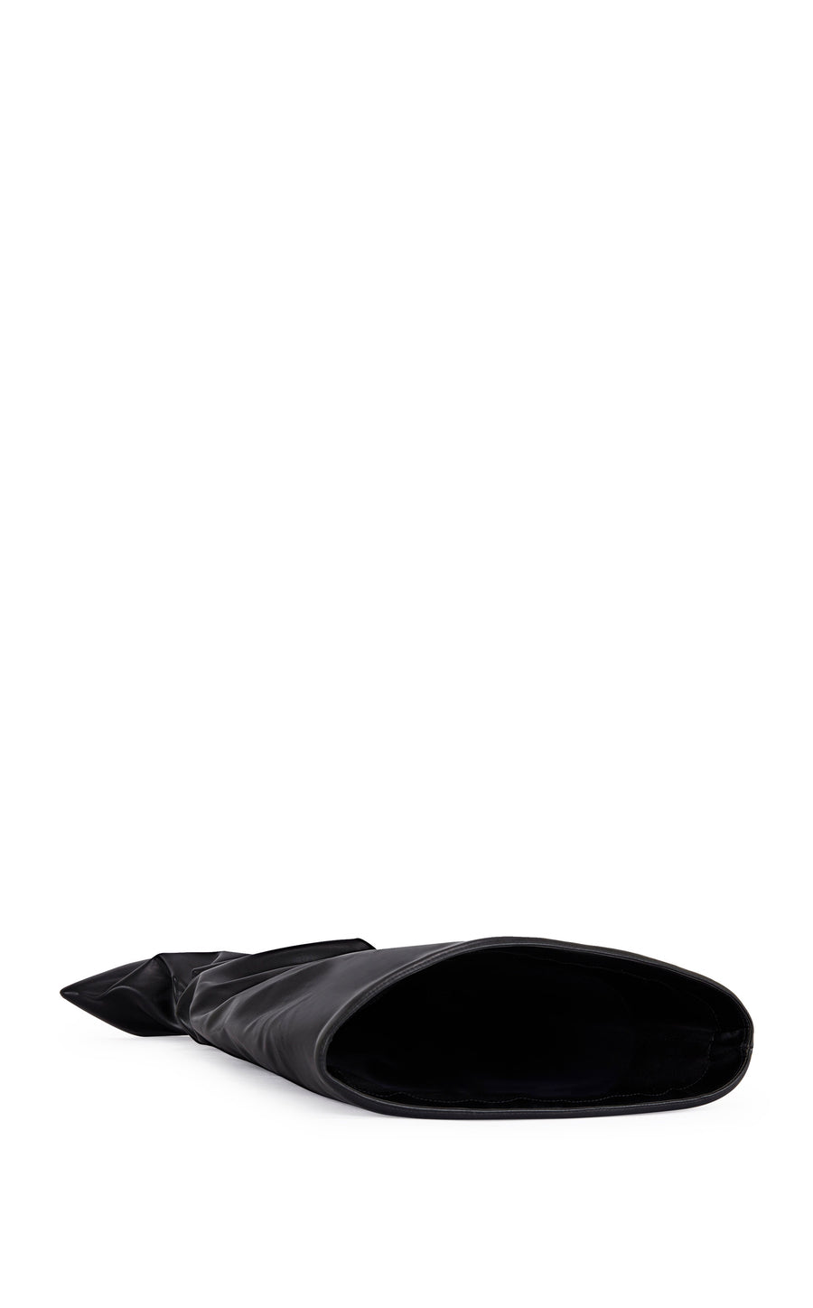 black faux leather statement knee high boot with a scrunched shaft, a stiletto heel, and an oversized shaft opening