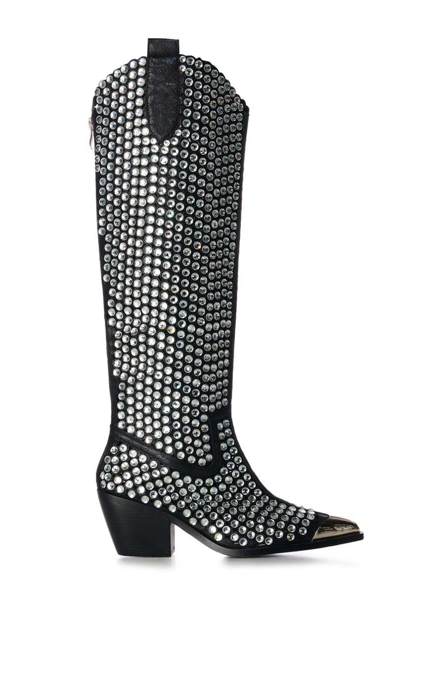 black faux leather statement western knee high boots with a silver pointed toe and chunky rhinestone embellishments all over the shaft