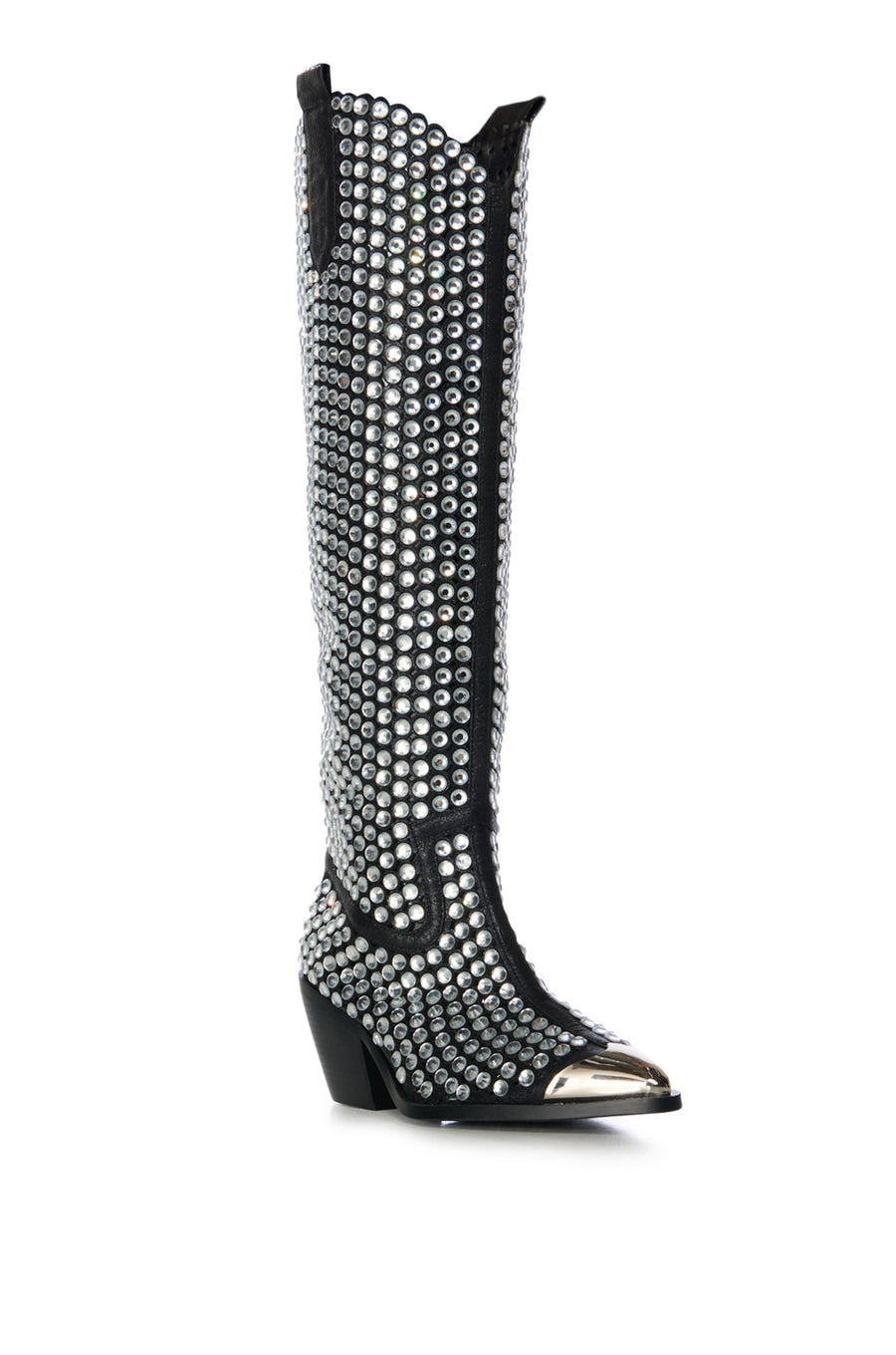 black faux leather statement western knee high boots with a silver pointed toe and chunky rhinestone embellishments all over the shaft