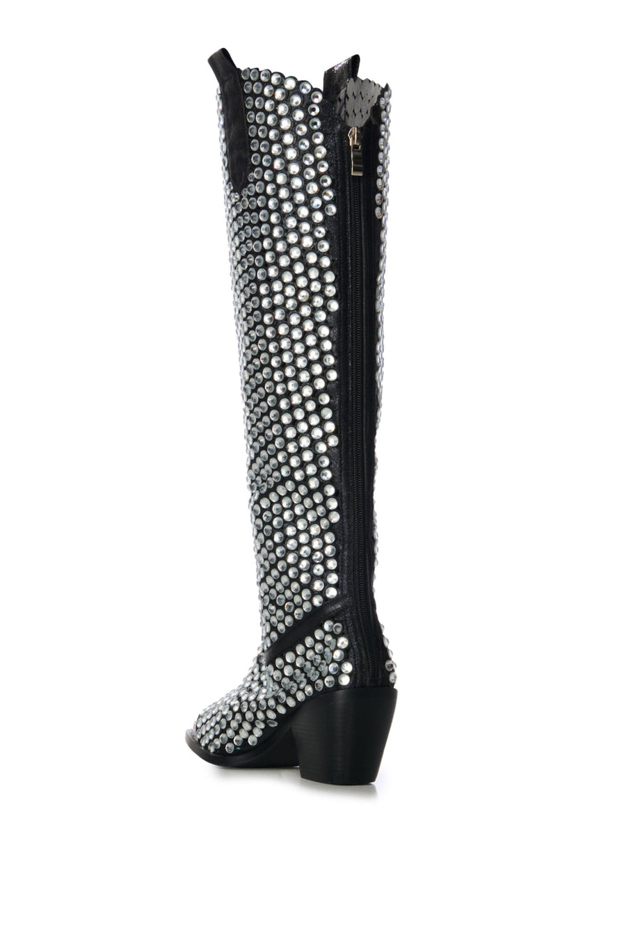 black faux leather statement western knee high boots with a silver pointed toe and chunky rhinestone embellishments all over the shaft