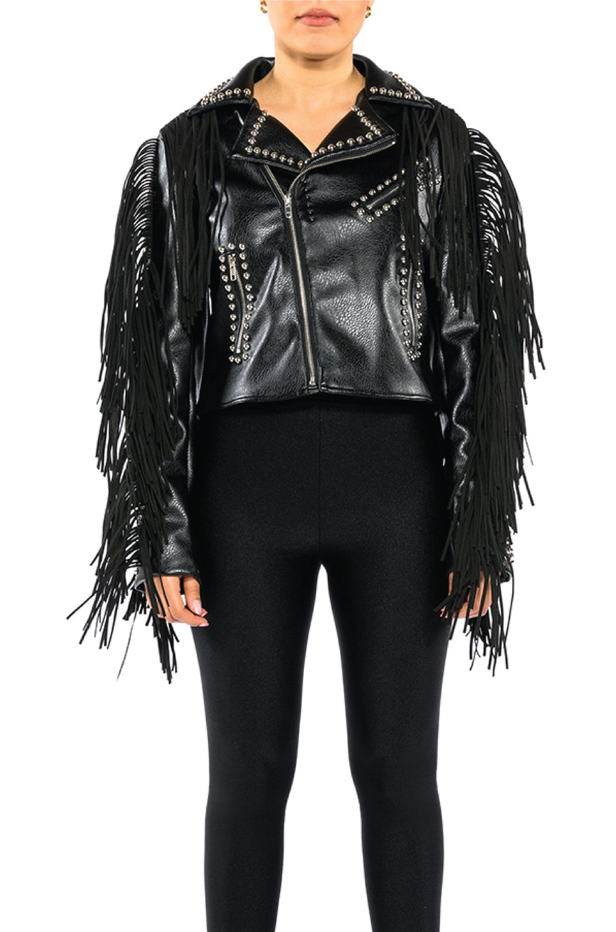 front view of black faux leather western inspired moto jacket with fringe sleeves and stud detail