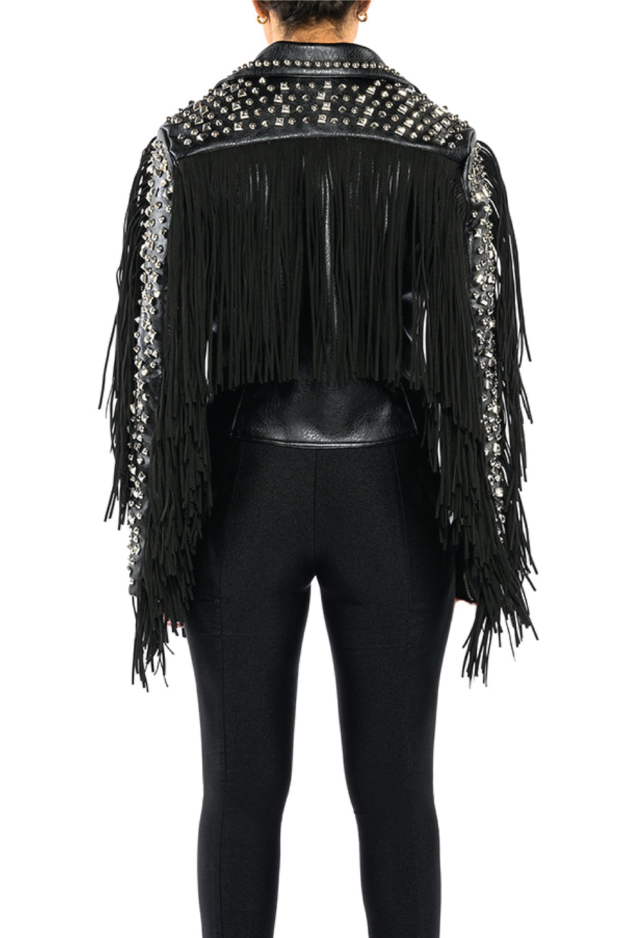 back view of black faux leather western inspired moto jacket with fringe sleeves and stud detail