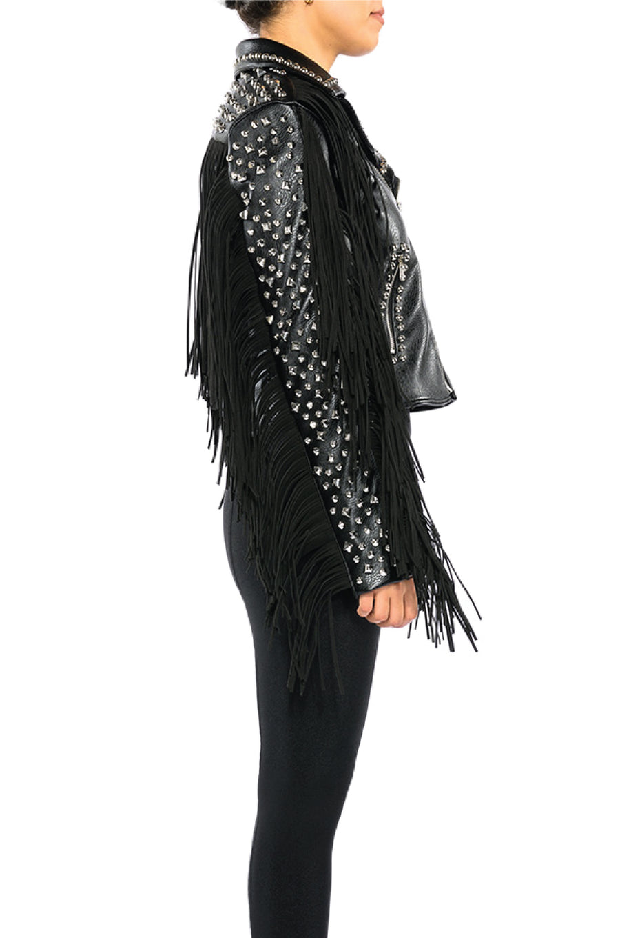 side view of black faux leather western inspired moto jacket with fringe sleeves and stud detail