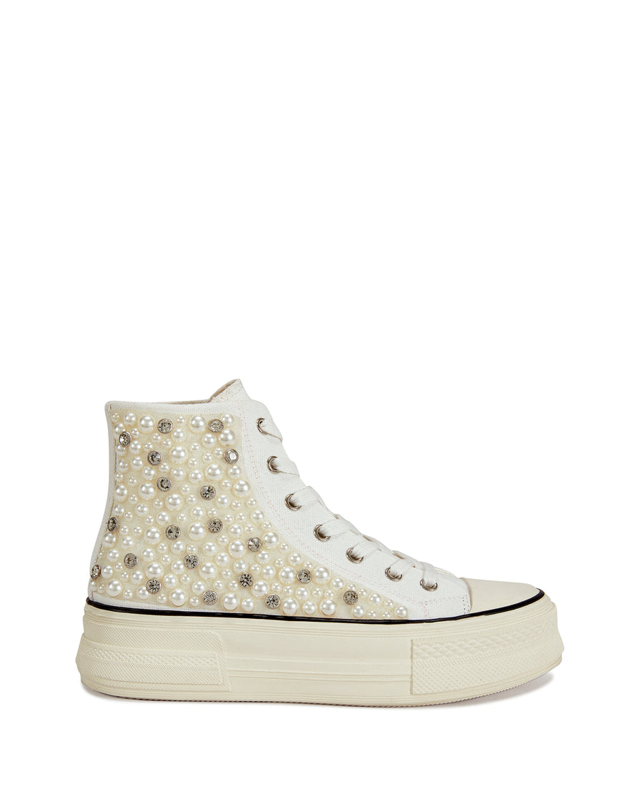 White lace up platform sneakers with faux pearl and rhinestone embellishments on the side