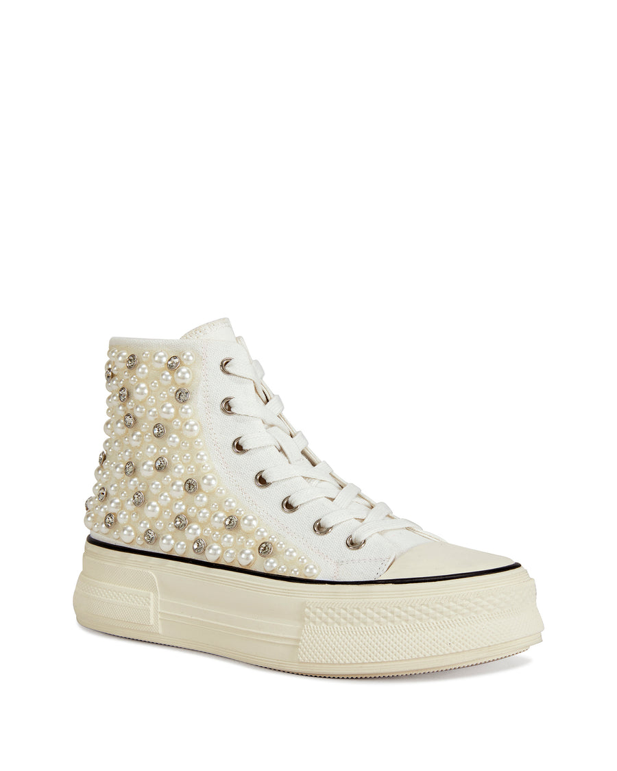 White lace up platform sneakers with faux pearl and rhinestone embellishments on the side