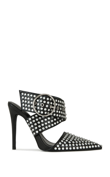 black faux leather statement stiletto heels with a pointed toe silhouette, a belted adjustable ankle closure, and sparkly rhinestone embellishments.