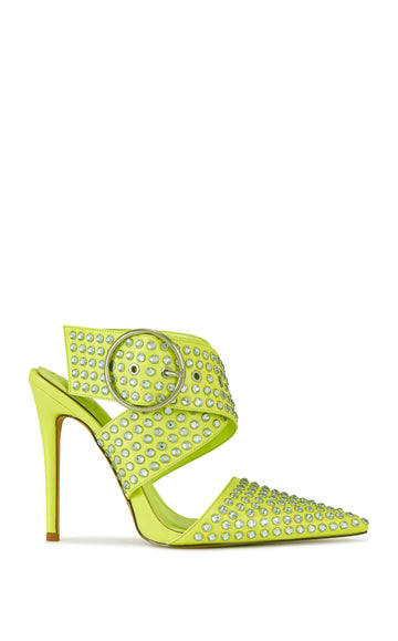 lime green faux leather statement stiletto heels with a pointed toe silhouette, a belted adjustable ankle closure, and sparkly rhinestone embellishments.