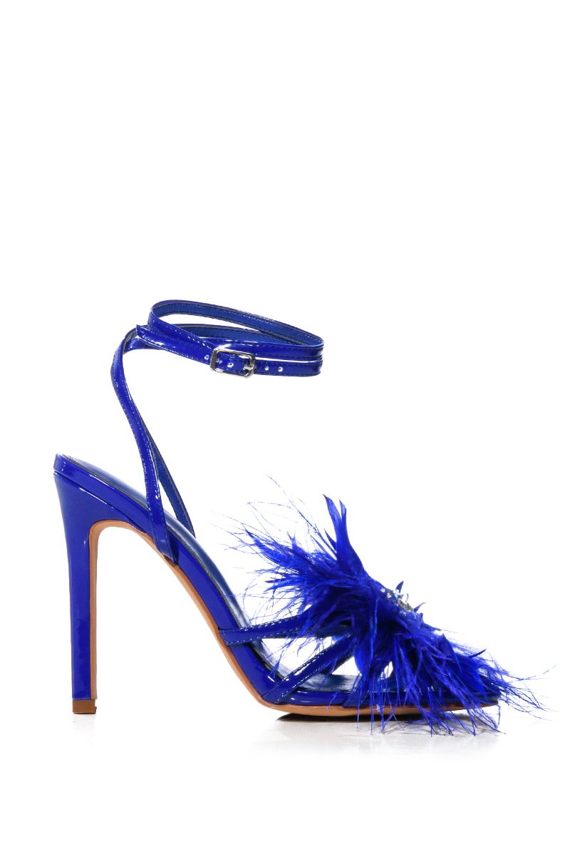 royal blue strappy open toe heels with adjustable ankle strap and feather flower detail on front