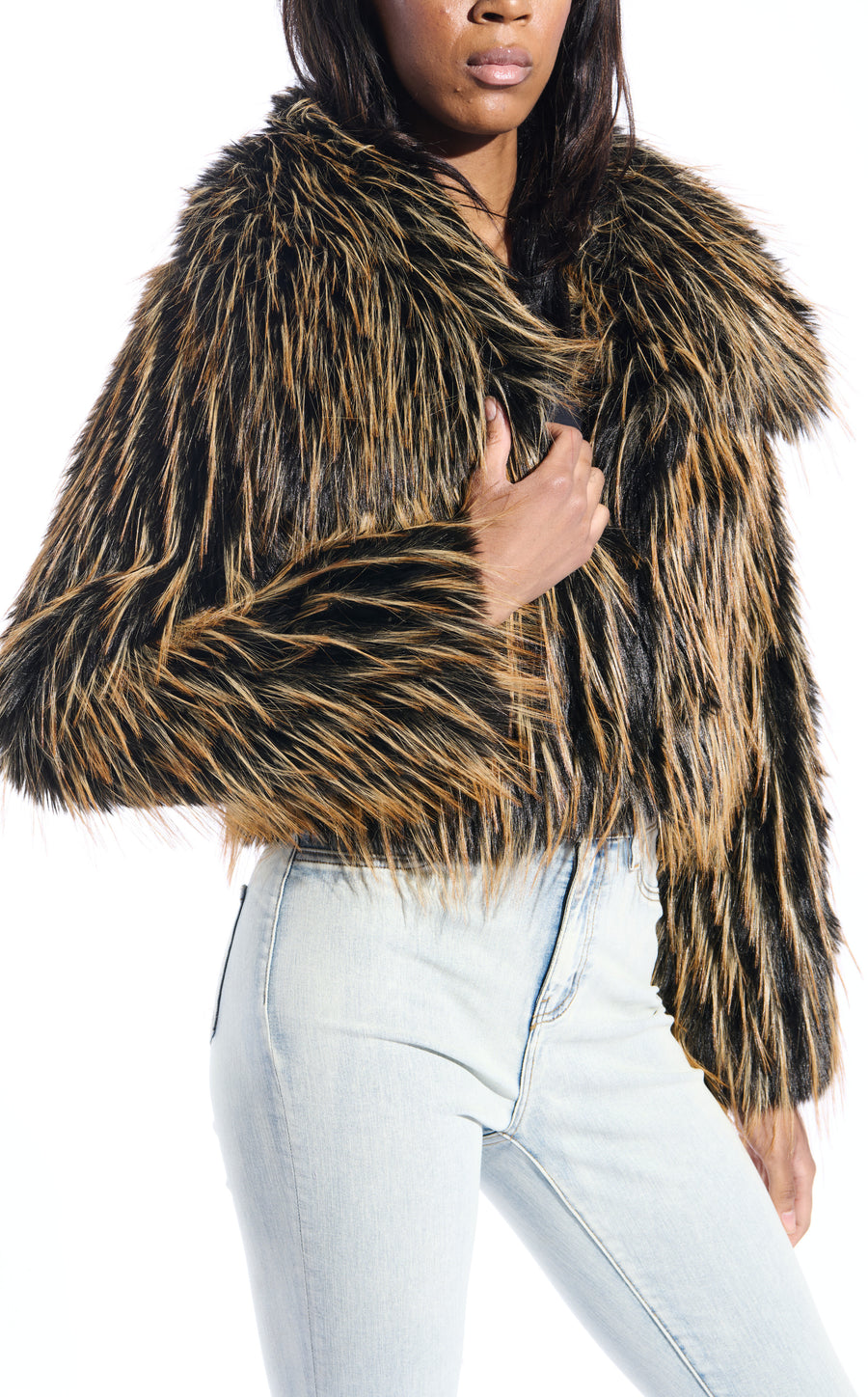 SAOIRSE-BROWNBLACK FAUX FUR JACKET