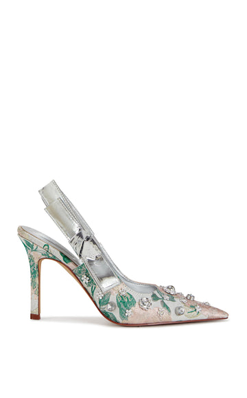 blush pink brocade patterned statement pointed toe sling back stiletto heels with a silver ankle strap and a silver studded upper