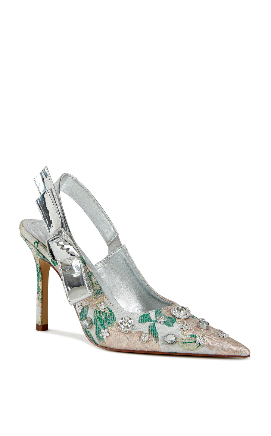 blush pink brocade patterned statement pointed toe sling back stiletto heels with a silver ankle strap and a silver studded upper