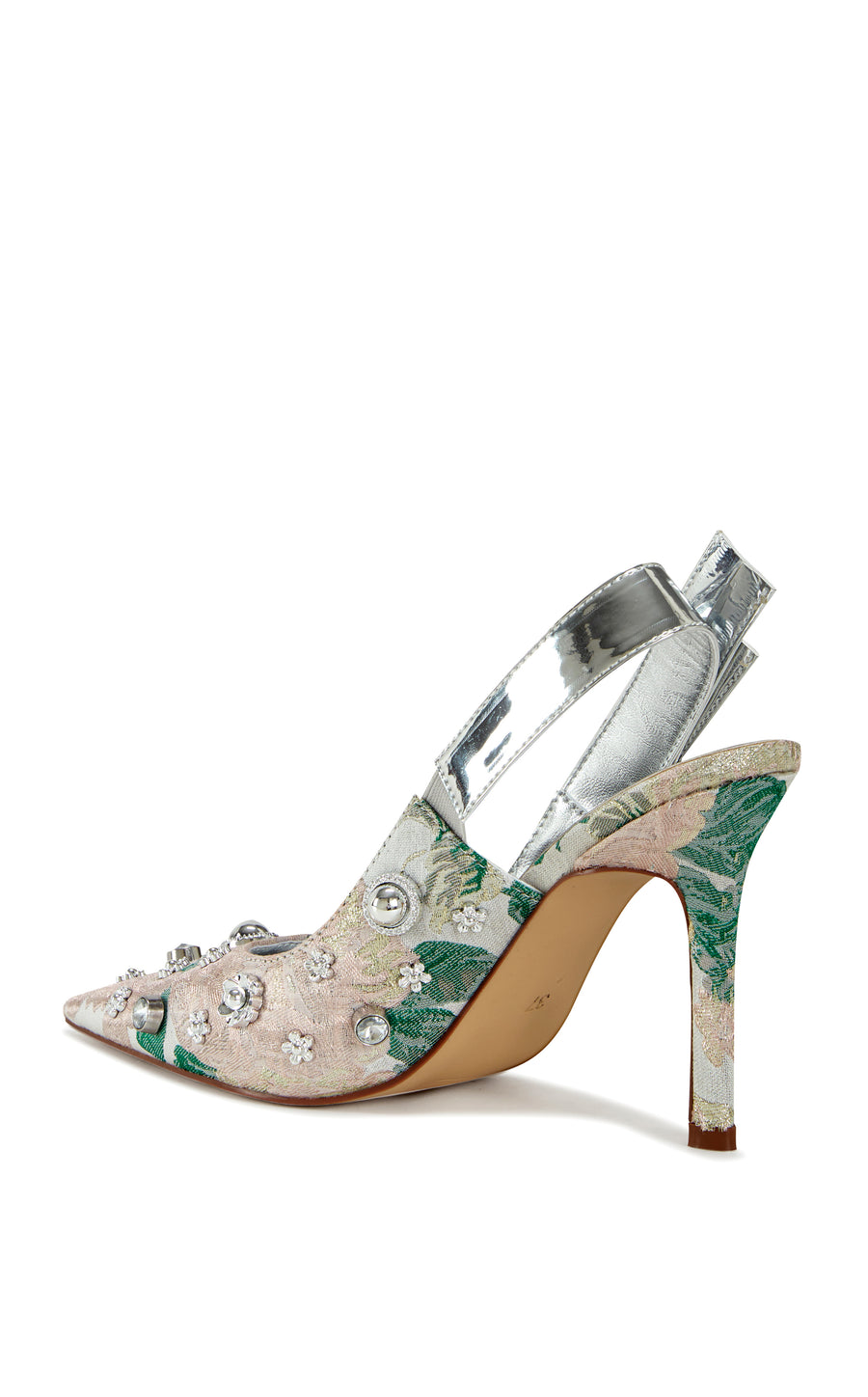 blush pink brocade patterned statement pointed toe sling back stiletto heels with a silver ankle strap and a silver studded upper