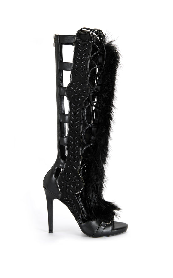 SHAINE-BLACK FAUX FUR GLADIATOR SANDAL BOOT