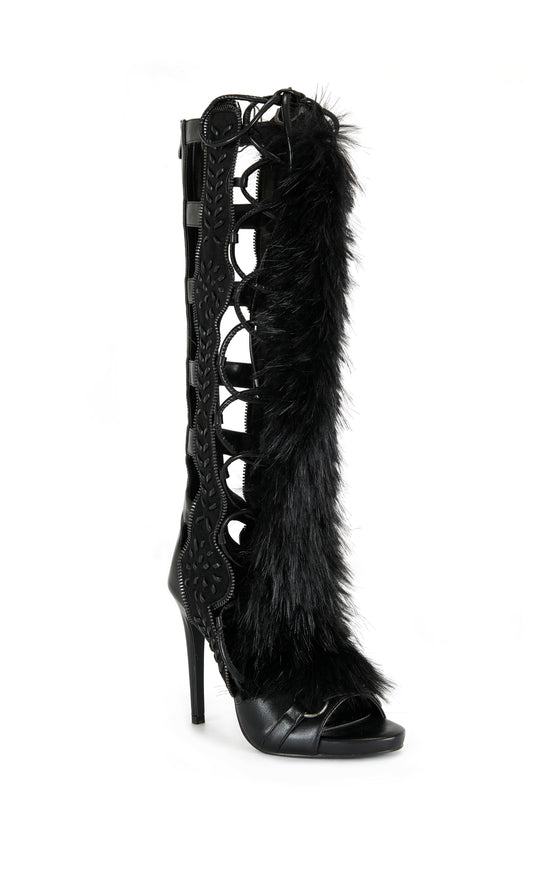 SHAINE-BLACK FAUX FUR GLADIATOR SANDAL BOOT
